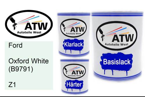 Ford, Oxford White (B9791), Z1: 1L Lackdose + 1L Klarlack + 500ml Härter - Set, von ATW Autoteile West.